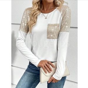 Striped Casual Sequin Pocket Long Sleeve T-Shirt